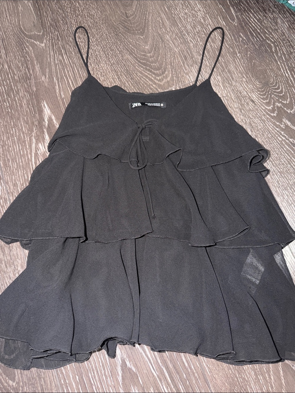 Zara Black Tiered Ruffle Spaghetti Strap Tank Top